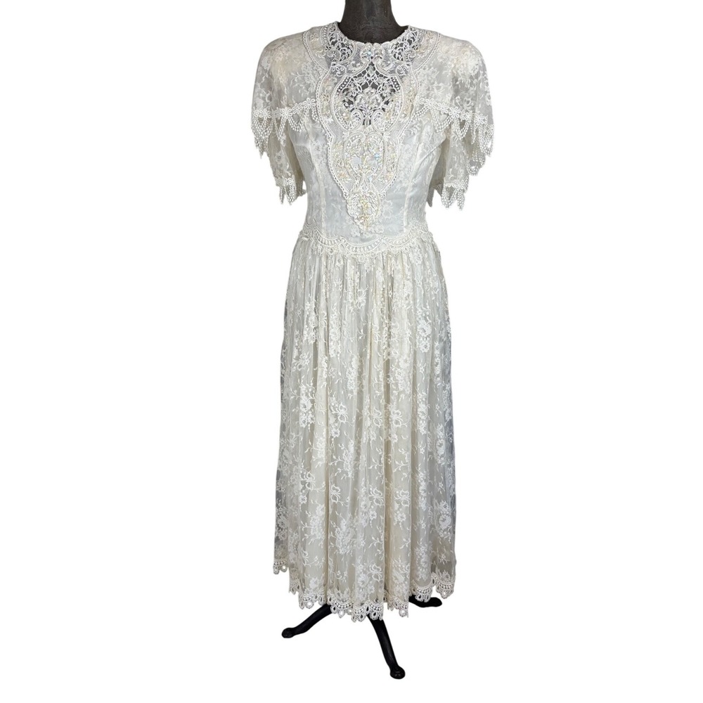 Vintage Jessica McClintock Cream Lace Dress Crochet Pearl Bead Bridal Midi Maxi